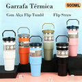 Garrafa Térmica Inox 900ml com Alça Flip Tumbl e Canudo Portátil P/ Academia Trabalho Caminhada
